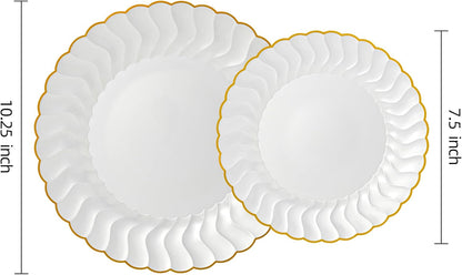 Lullaby 60PCS Ivory Scalloped Plastic Plates with Gold Rim, Disposable Elegant Plates Include 30pcs Dinner Plate 10.25", 30pcs Plastic Dessert Plate 7.5", Perfect for Wedding and Party