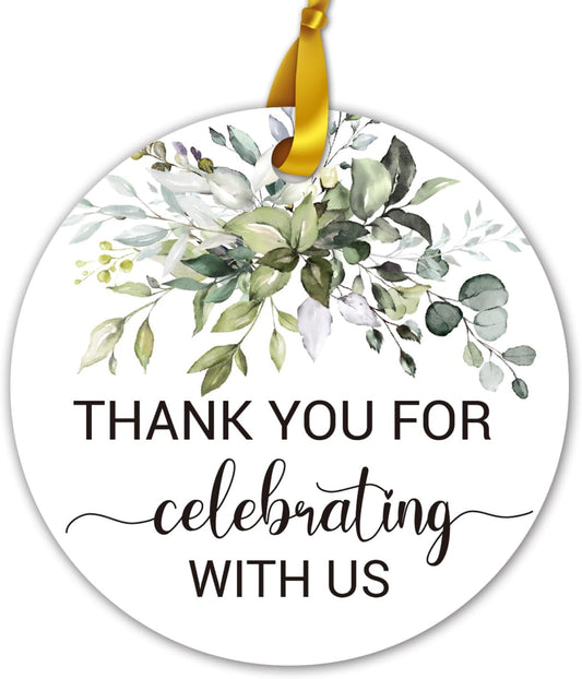 50 Thank You Favor Tags, Thank You for Celebrating with Us Gift Tags for Weddings, Bridal Showers, Birthdays, Parties, Baby Showers, 2-inch Round With 2 rolls of ribbon.