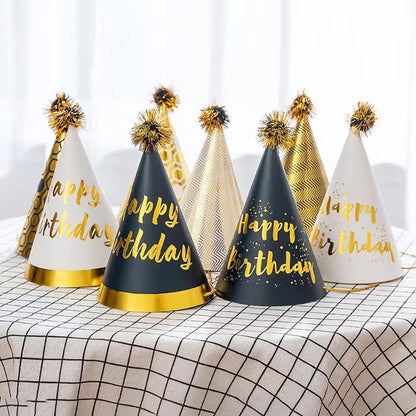 JOYEONDEF 30 Pcs Gold Birthday Party Hats Cone Hats Includes 8 Birthday Paper Hats and 22 Noise Makers