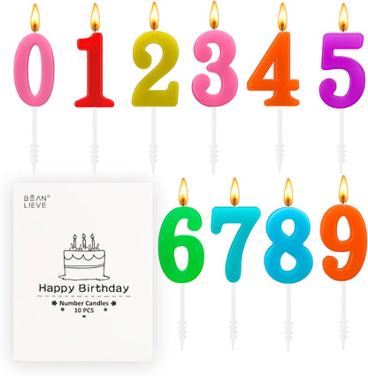 Beanlieve 10-Pieces Numeral Birthday Candles - Cake Numeral Candles Number 0-9 Glitter Cake Topper Decoration for Birthday,Wedding Anniversary,Party Celebration (Colourful)