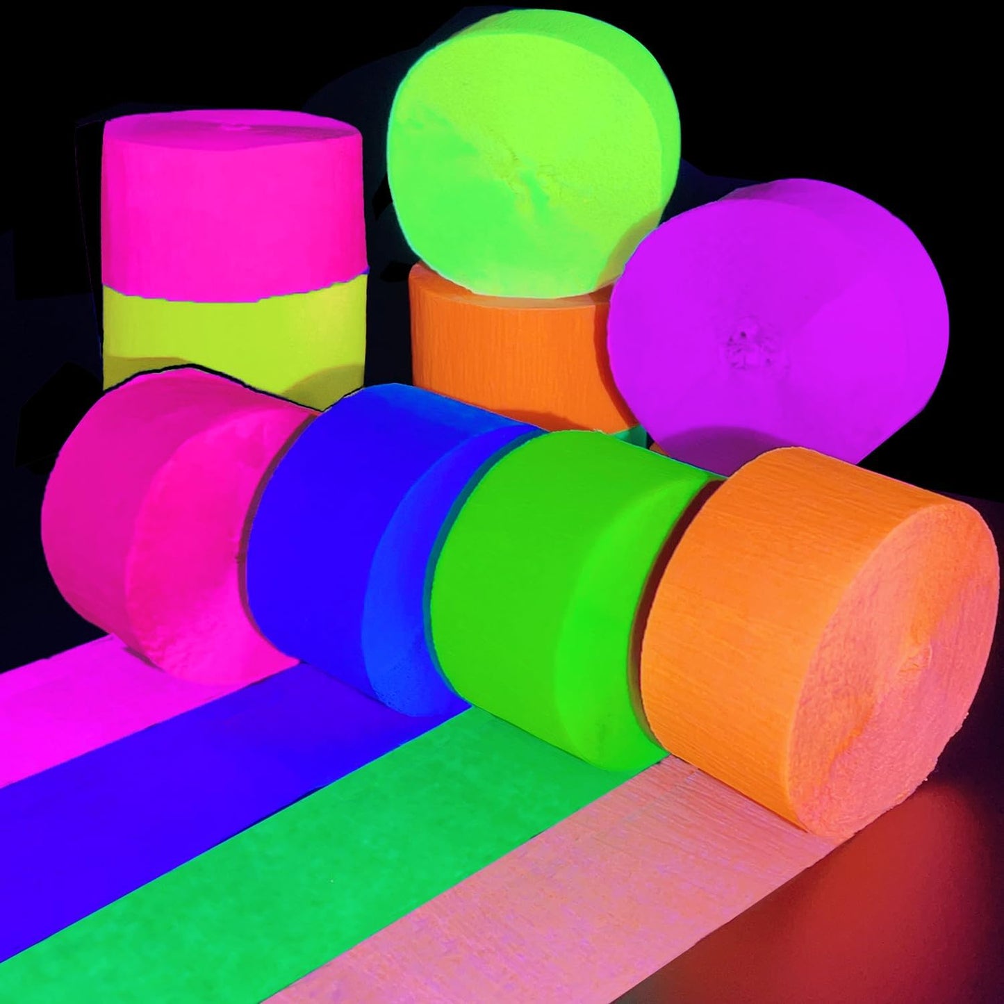 600 feet Glow Crepe Paper Streamers UV Glow Party Neon Streamer Decorations Glow in The Dark Black Light Reactive Fluorescent Neon Paper Party Streamers Wedding Birthday Blacklight Party Supplies