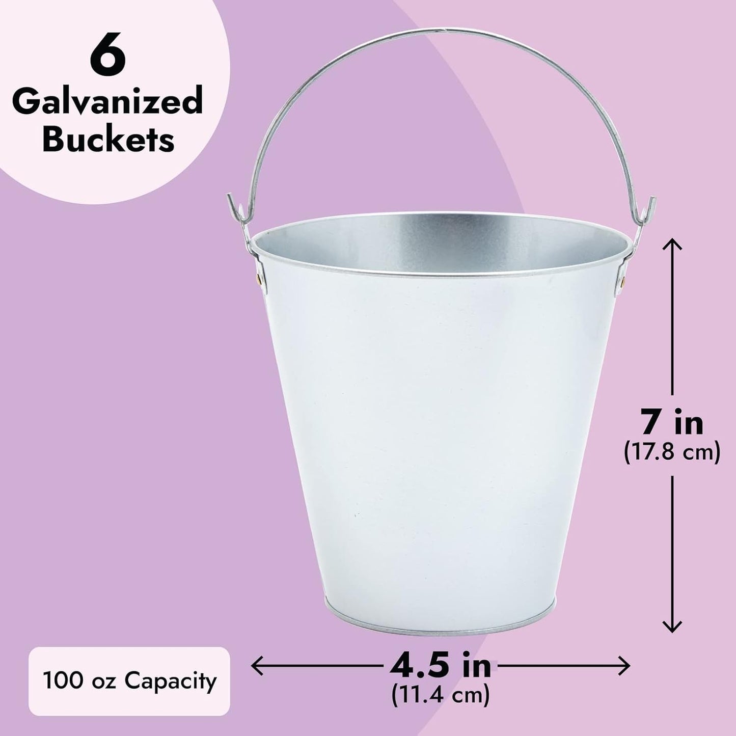 Juvale Metal Bucket - 6-Pack, 100 oz, 7 in Dia x 7.2 in H, Silver - Galvanized Buckets with Handles for Ice Tub & Beverage Tub