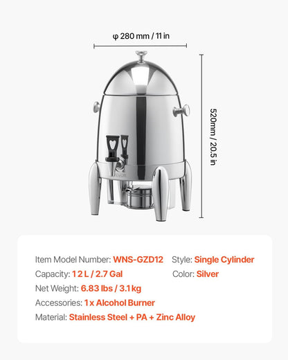 VEVOR Stainless Steel Beverage Dispenser, 3.4 Gallon Drink Dispenser with Alcohol Burner, Hot & Cold Drink Dispensers with Spigot for Coffee Tea Hot Water, Ideal for Restaurants, Hotels, Parties