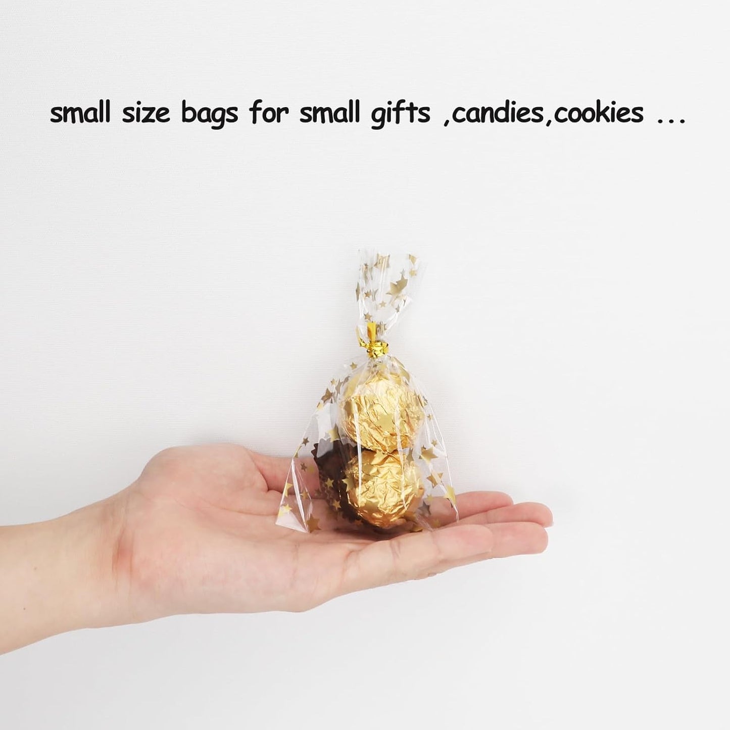 100 Pcs Star Printed 5"X 7" Gift Wrap Cello Cellophane Treat Bags Party Favor bags Clear Candy Cookie Bag Plastic Poly Goodie Storage Bag with Twist Ties for Bakery,Birthday, Wedding ,Party Decorations (Gold)