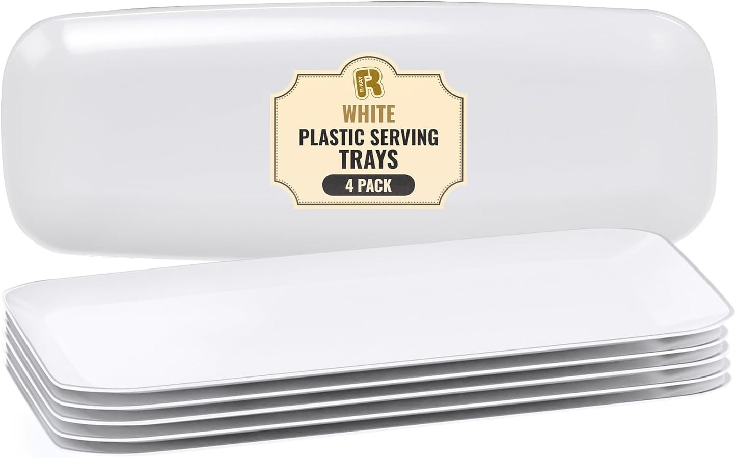 R-kay 4 Pack White Plastic Serving Trays for Party - White Serving Tray 17 by 6.5 in - Rectangular Heavy Duty Dessert Trays for Food