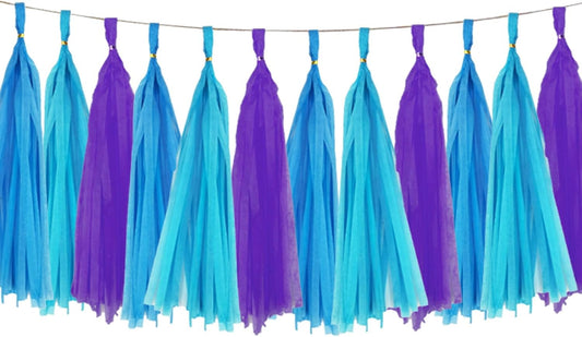 Blue and Purple Tassel Garland Paper Tissue Tassels Garland for Party Decorations, Pack of 15