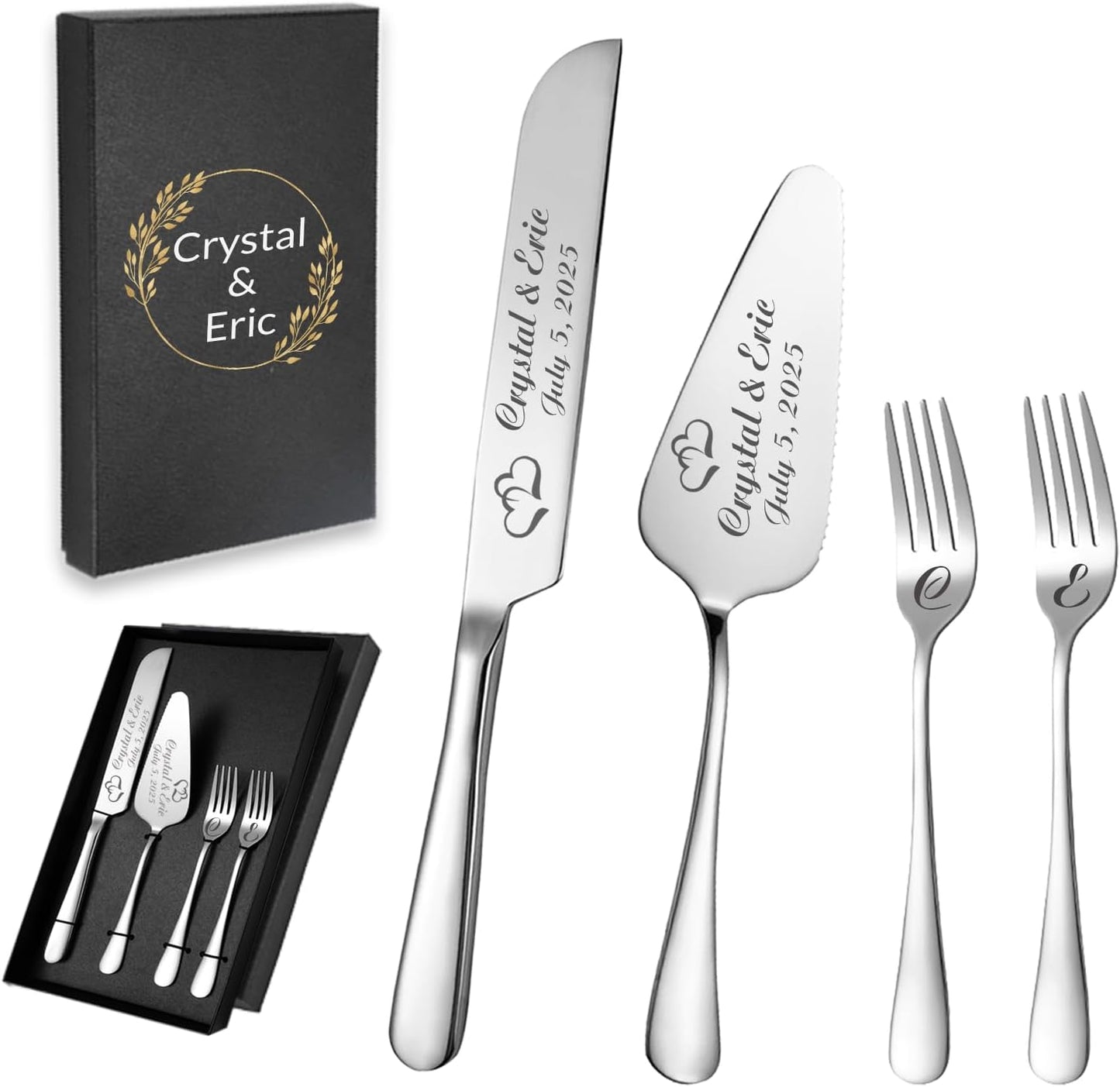 Personalized Wedding Cake Knife and Server Set, Wedding Gold Cake Cutting Set with Stainless Steel Forks, Customized Bridal Anniversary Birthday Wedding Registry Gifts for Couple (Non-customized)
