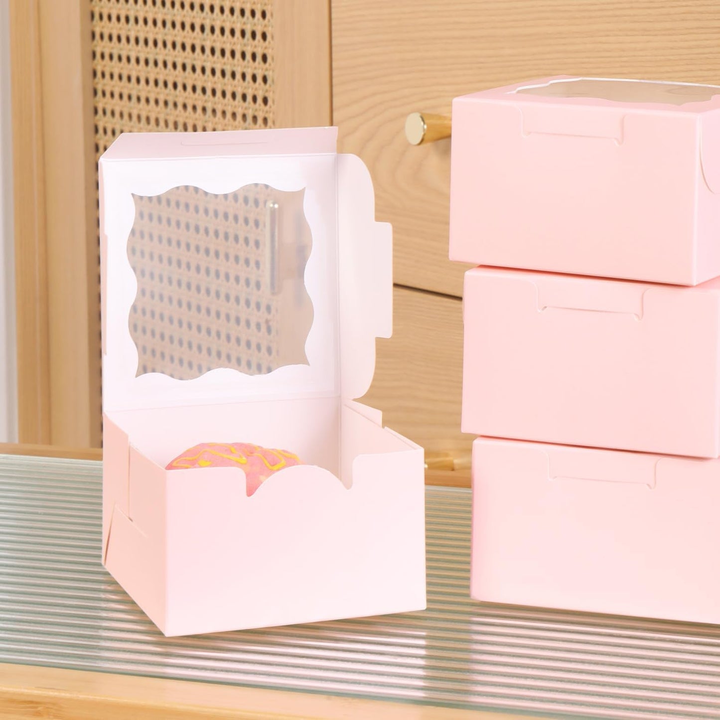 150pcs White Small Cake Box,4x4x2.5 Inch Bakery Boxes with Window,gift boxes bulk for Mini Cake Pastry Dessert Strawberries Chocolates Cupcakes with Stickers