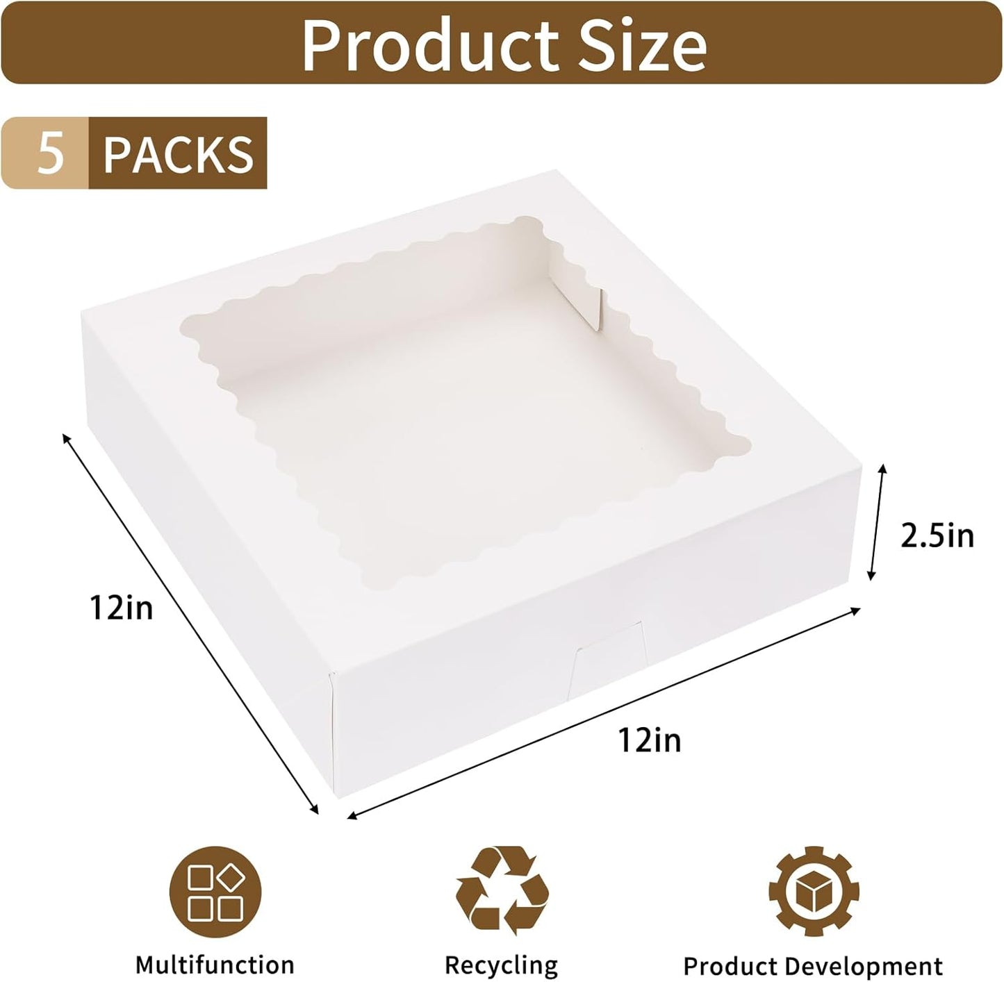 Moretoes 5pcs Pie Boxes, 12x12x2.5 White Bakery Boxes with Window, Auto-Popup Cookie Boxes for Pies, Dessert Boxes Treat Boxes for Pizza, Strawberries, Chocolate, Pastries, Muffins and Donuts