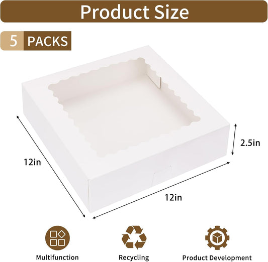 Moretoes 5pcs Pie Boxes, 12x12x2.5 White Bakery Boxes with Window, Auto-Popup Cookie Boxes for Pies, Dessert Boxes Treat Boxes for Pizza, Strawberries, Chocolate, Pastries, Muffins and Donuts
