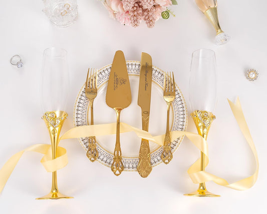 Wedding Cake Knife and Server Set, Mr and Mrs Champagne Flutes with Gold Cake Cutting Set for Wedding Bridal Shower Gifts