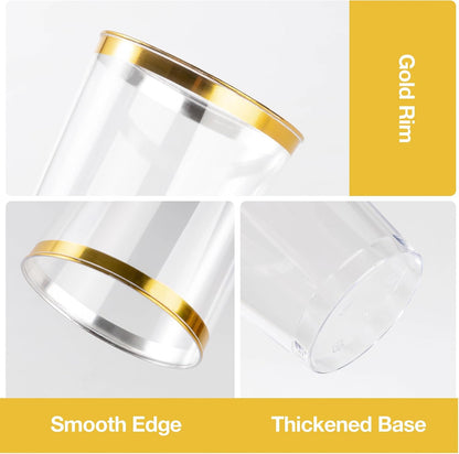 Goodluck 100PCS 9oz Gold Plastic Cups for Party, Disposable Gold Rim Cups, Plastic Cocktail Glasses for Wedding Thanksgiving, Christmas, and Parties