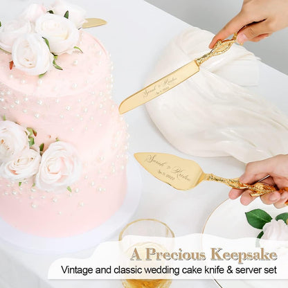 Cake Cutting Set for Wedding, Personalized Gold Cake Knife and Server Set, Custom Cake Serving Set, Engraved Pastry Pie Server Cake Pizza Cutter, Birthday Bridal Gift (F-Classic)