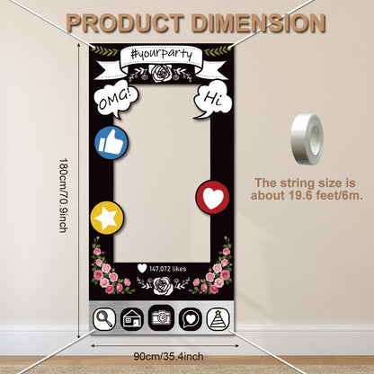 WADORN Social Media Photo Frame Props for Party Decor, 5.9x2.9ft Booth Selfie Frame with Emoji Speech Bubble Photo Door Backdrop Props Decor Large Fabric Photography Background Party Supplies