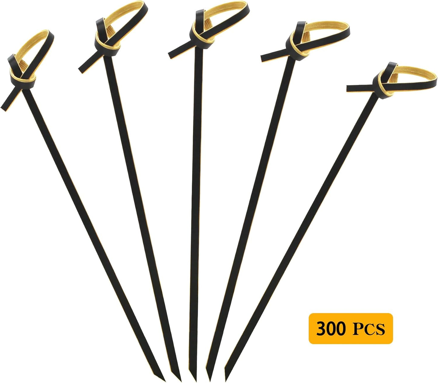 300pcs 4.7 IN Bamboo Cocktail Picks with Looped Knot,Nature Color,for Cocktail Party, Barbeque, Club Sandwiches (black-300pcs)