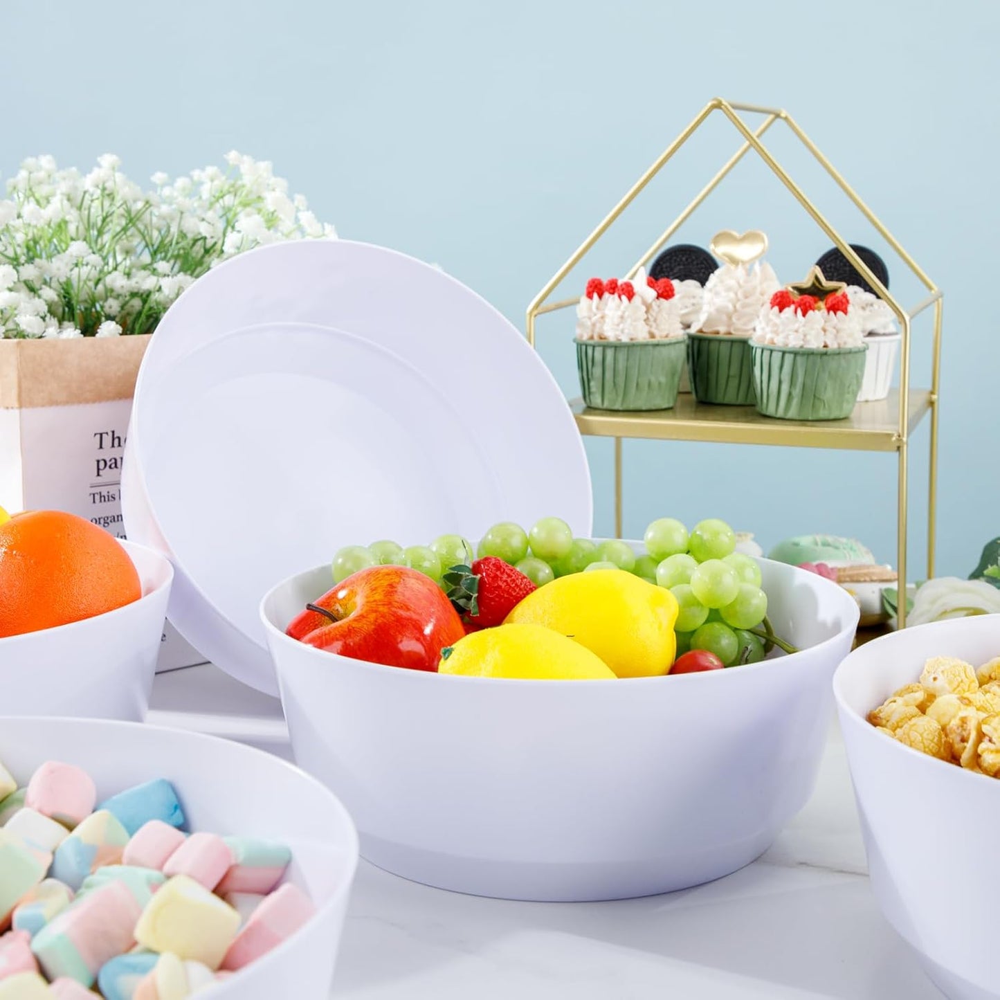 Hioasis 8 Pack Plastic Serving Bowls 128oz Gold Glitter Plastic Bowls Heavy Duty Disposable Serving Bowls for Party Snack & Salad & Candy & Bar Buffet
