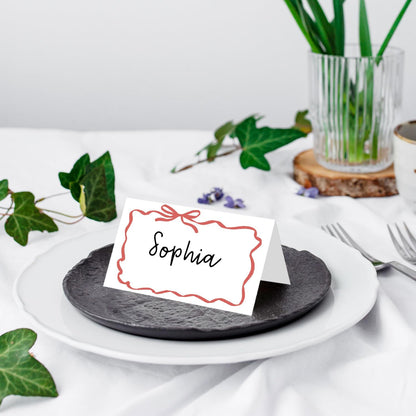 25 Pack Pink Plaid Bow Place Cards, Editable Name Cards for Table Setting, Tent Cards Food Label for Dinner Party, Bridal Shower, Wedding, Baby Shower and Events -T30