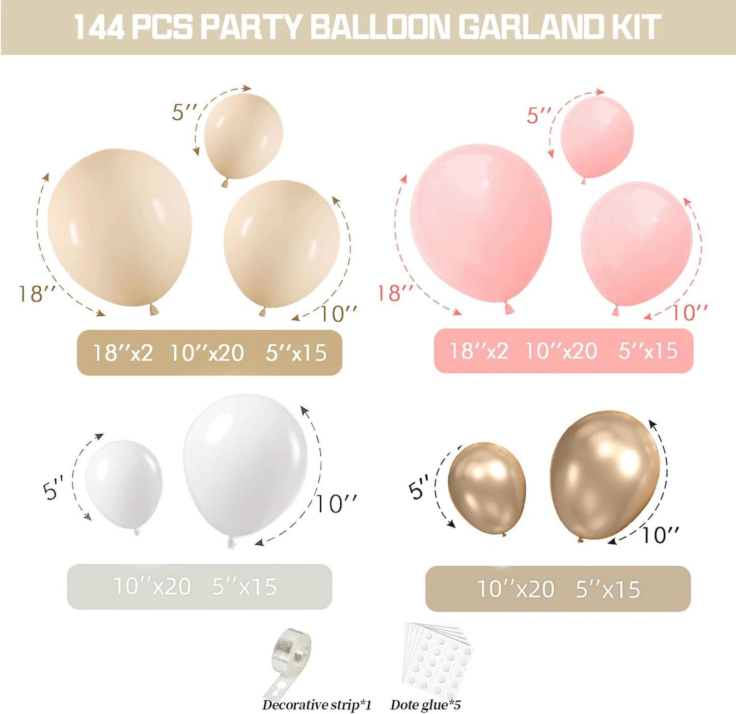 Pink Gold White Balloon Arch Kit - 144 PCs Pastel Light Pink and Beige Sand White Gold Chrome Balloons for Mothers Day Girls Women Birthday Bridal Shower Engagement Wedding Party Decorations