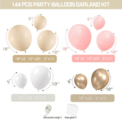 Pink Gold White Balloon Arch Kit - 144 PCs Pastel Light Pink and Beige Sand White Gold Chrome Balloons for Mothers Day Girls Women Birthday Bridal Shower Engagement Wedding Party Decorations
