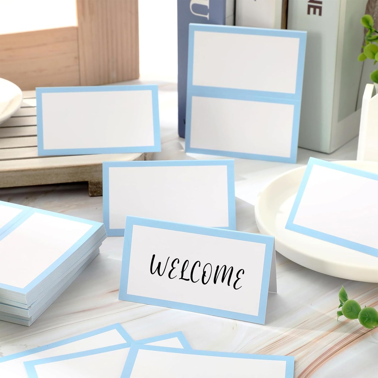 Whaline 100Pcs Navy Blue Place Cards 3.5 x 2 Inch White Blank Tented Cards Wedding Seating Cards for Party Table Setting Supplies