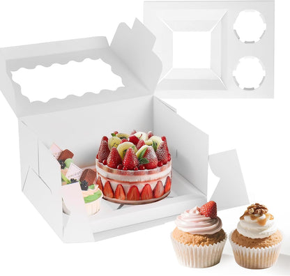 10 Packs Bento Cake and Cupcake Box 3 Holes Fit 2 Cupcakes and 1 Mini Cake Box with Clear Window and Stickers for Cake Cupcake Cookie or Easter and Mother’Day. (1+2/10pcs)
