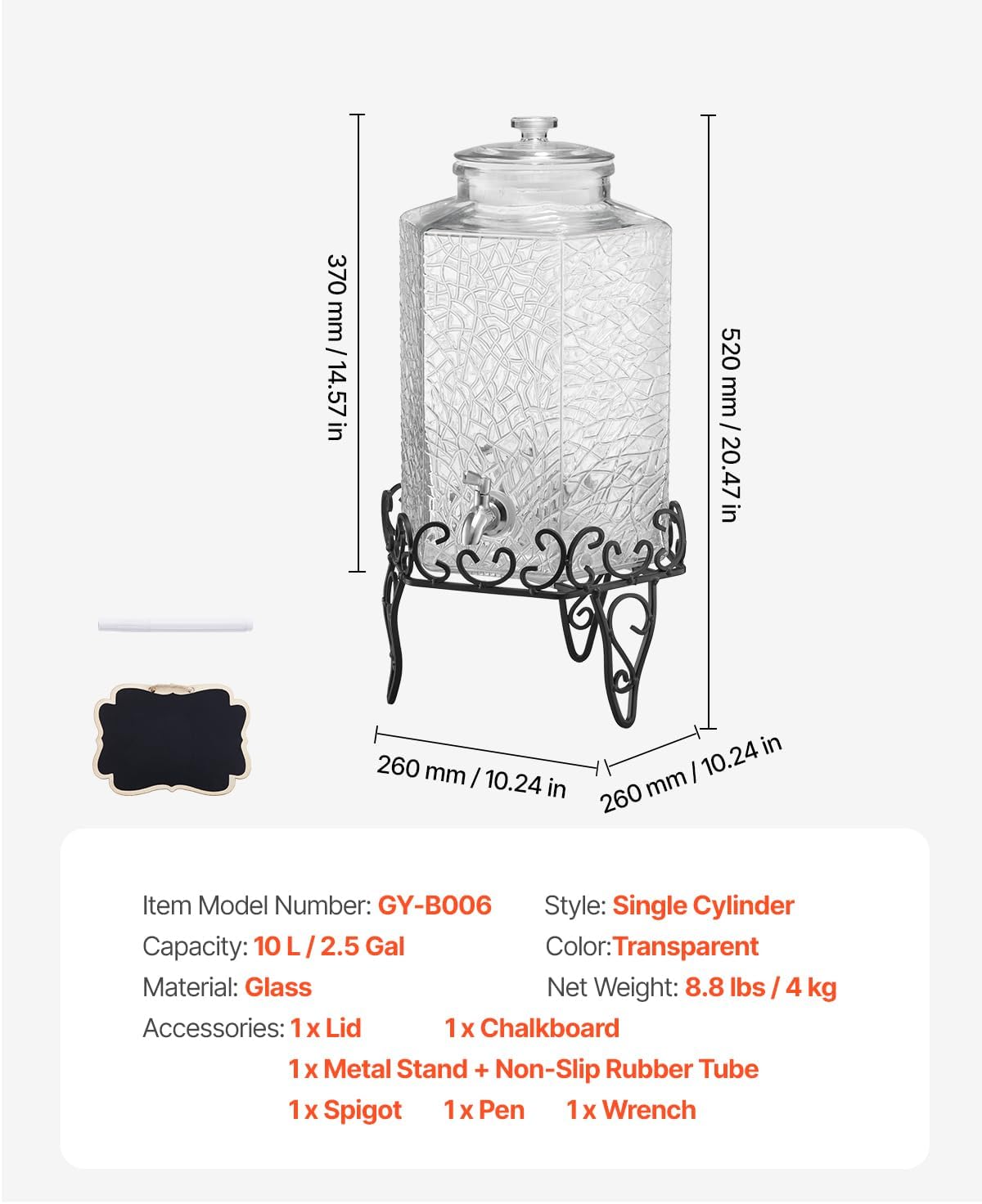 VEVOR Beverage Dispenser, 2.5 Gallon Drink Dispensers for Parties, Glass Juice Dispenser with Metal Stand, Stainless Steel Spigot, Iced Tea Lemonade Juice Water Dispensers for Parties