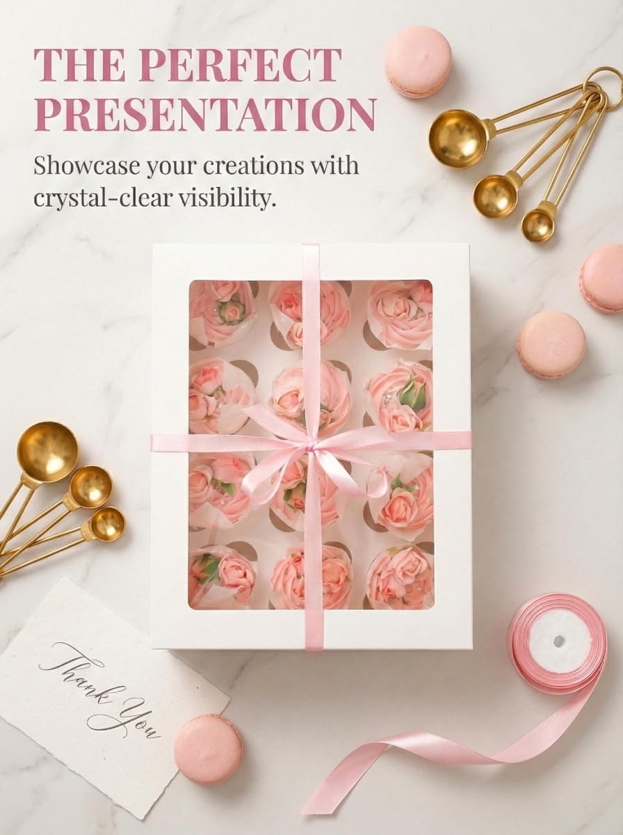 qiqee Auto-pop Up Cupcake Boxes with Window White 40PCS 12 Count Cupcake Box 13"x10"x3.5" Cupcakes Carrier, 12 Cupcake Containers with 2 rolls of pink ribbons