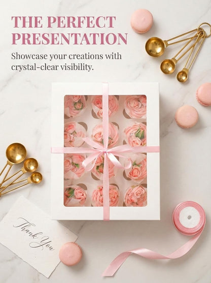 qiqee Auto-pop Up Cupcake Boxes with Window White 40PCS 12 Count Cupcake Box 13"x10"x3.5" Cupcakes Carrier, 12 Cupcake Containers with 2 rolls of pink ribbons