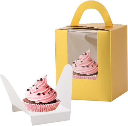 acDesign 100Pcs Cupcake Boxes With Window 3.6in*3.6in*4.3in Single Individual Cupcake Boxes With Handle and Inserts for Wedding Birthday Party Treats Gift,Black
