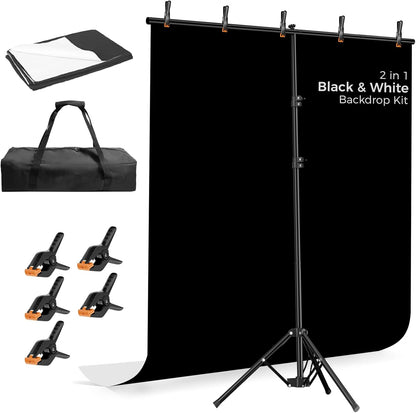 EMART Photo Backdrop with Stand Kit 6.5x5ft, Photography Black and White 2-in-1 Revisible Background Screen with Portable T-Shape Support and 5 Clamps for Video Recording Meeting Self Tape