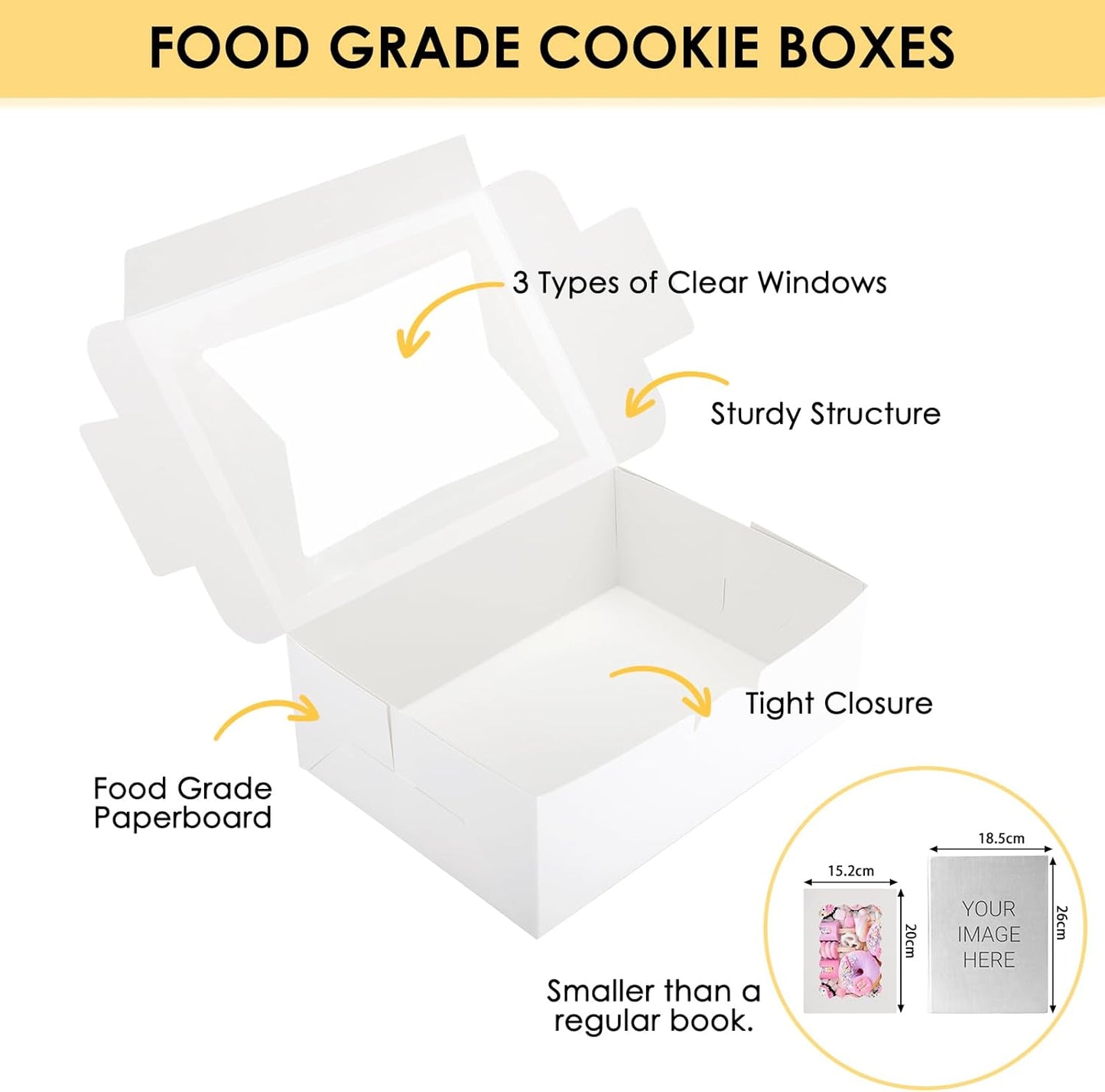 Moretoes 48pcs Bakery Boxes,12x8x2.5 Inches Cookie Boxes with 3 Style Window for Chocolate Covered Strawberries, Desserts, Cookies, with 4pcs Stickers