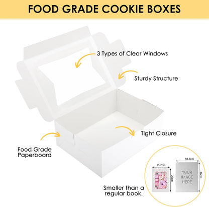 Moretoes 48pcs Bakery Boxes,12x8x2.5 Inches Cookie Boxes with 3 Style Window for Chocolate Covered Strawberries, Desserts, Cookies, with 4pcs Stickers