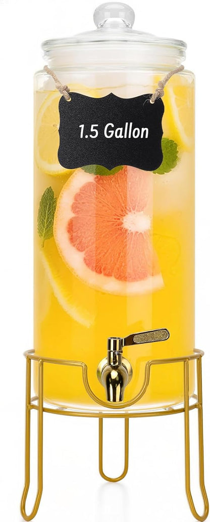 DHSBTLS 1.5 Gallon Glass Drink Dispensers, Round Beverage Dispenser for Party, BBQ and Picnic, Clear Airtight Juice Dispenser with Golden Stand, Stainless Steel Spigot, Markers and Chalkboard