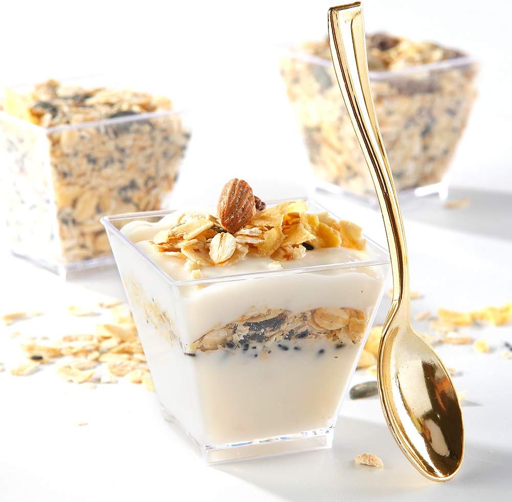 supernal 100pcs Square Plastic Dessert Cups (4oz) with 100pcs Mini Gold Spoons, Plastic Parfait Appetizer Cup, Medium Clear Dessert Cups Perfect for Cakes, Ice Cream, Desserts Appetizers