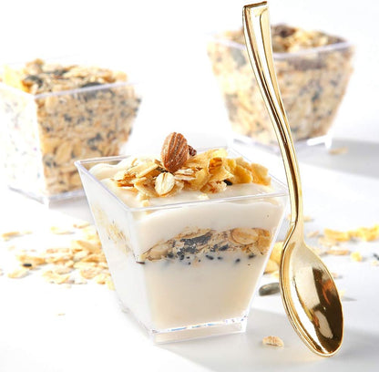 supernal 100pcs Square Plastic Dessert Cups (4oz) with 100pcs Mini Gold Spoons, Plastic Parfait Appetizer Cup, Medium Clear Dessert Cups Perfect for Cakes, Ice Cream, Desserts Appetizers