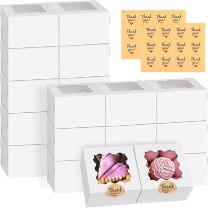 WINKIO 24pcs White Cookie Boxes, 4x4x2.5 Inches Bakery Boxes with Window, for Mini Cake Treat Dessert Pastry Donuts Macaroon Strawberries Chocolate Candy (with Stickers)