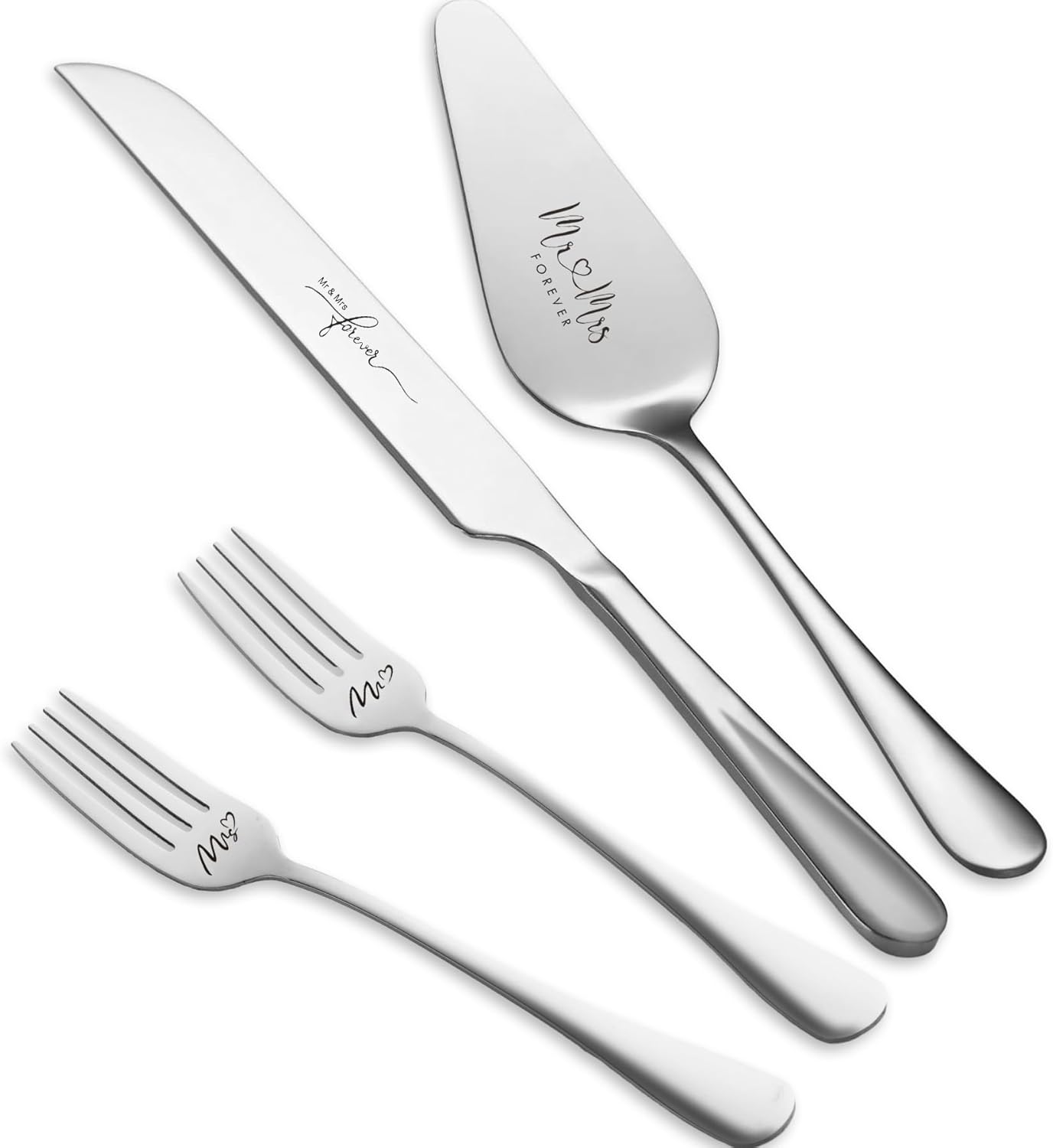 4 Pieces Wedding Cake Knife and Server Set, Stainless Steel Mr and Mrs Cake Cutter and Forks for Wedding, Birthday, Bridal Shower Gifts for Couples (Rose Gold)