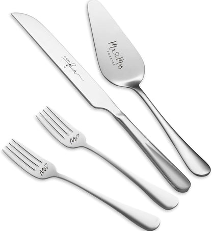 4 Pieces Wedding Cake Knife and Server Set, Stainless Steel Mr and Mrs Cake Cutter and Forks for Wedding, Birthday, Bridal Shower Gifts for Couples (Rose Gold)
