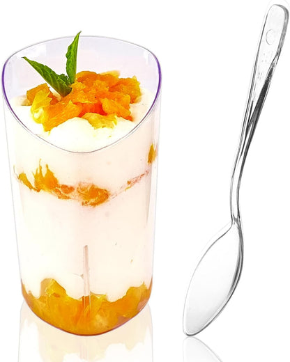 50 Pack Mini Dessert Cups with Spoons, 3 oz Clear Plastic Parfait Appetizer Cups, Small Reusable Shooter Serving bowls for Tasting, Slanted Triangle Dessert Shot Glasses