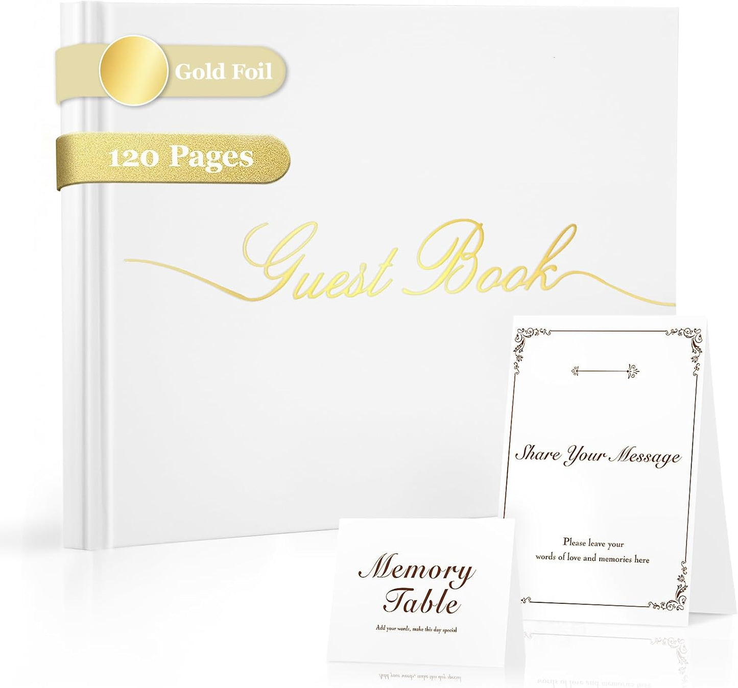 Guest Book for All Occasions – White Hardcover with Gold Foil, 120 Acid-Free Blank Pages, Includes Table Sign & Welcome Card | 8.66x6.69 Sign-in Book for Wedding, Party & Memorial