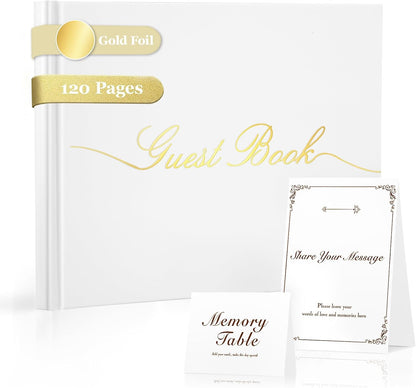 Guest Book for All Occasions – White Hardcover with Gold Foil, 120 Acid-Free Blank Pages, Includes Table Sign & Welcome Card | 8.66x6.69 Sign-in Book for Wedding, Party & Memorial