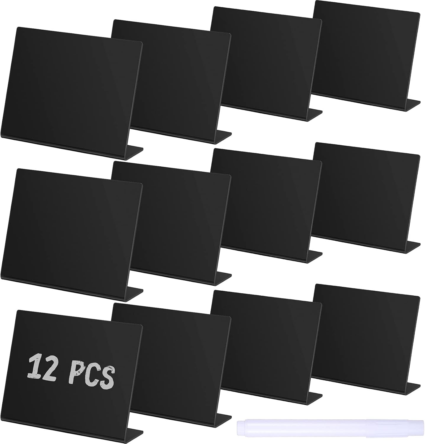 Outus 12 Pcs 4 x 3 Inches Buffet Food Labels Mini Small Chalkboard Signs White Acrylic Food Markers Little Price Signs with 2 Pcs Erasable Marker for Wedding Birthday Bakery Table Display