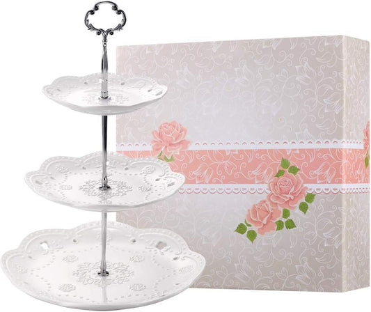 3-Tier Porcelain Cupcake Stand Serving Tray - White Embossed Elegant Dessert Cake Stand - Pastry Serving Stand for Tea Party, Wedding and Birthday