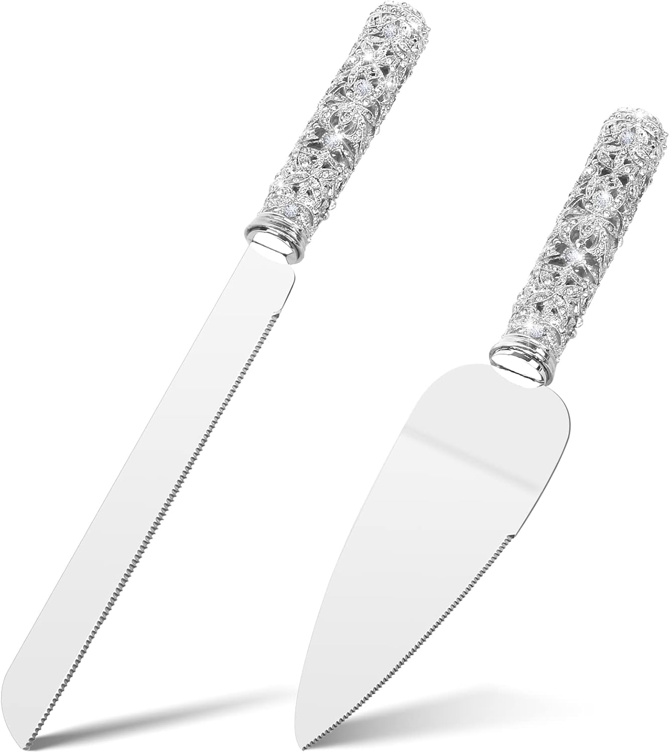 Gold Cake Knife and Server Set - 2 Piece Dessert Set Metal Handle with Crystal Stones Decoration for Wedding, Anniversary Party Birthday Banquets and Gifts for Bride and Groom