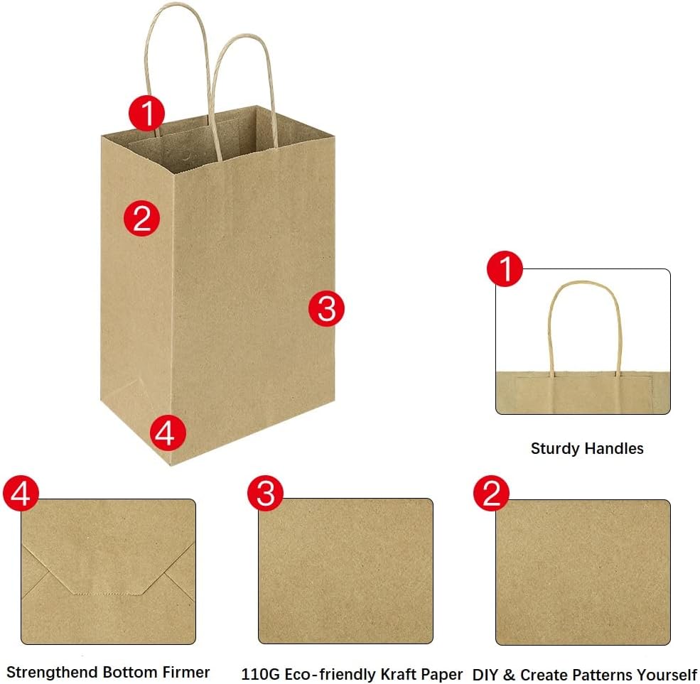 Oikss 100 Pack 5.25x3.25x8.25 Inch Small White Kraft Paper Bags with Handles Bulk for Birthday Wedding Party Favors Grocery Retail Shopping Business Goody Craft Gift Bags Cub Sacks (100pcs Count)
