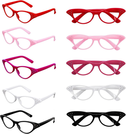 5 Pairs Cat Eye Rhinestone Glasses, Retro Party Costume Glasses for 50's 60's Hip Hop Dress up Halloween Party Favor in Red, Black, White, Pink, Rose Red
