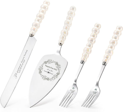Wedding Cake Knife and Server Set, Gold Ceramic Pearl Handle Cake Cutting Set for Weddings, Engagements, Anniversaries, and Engagement Gifts for Couples