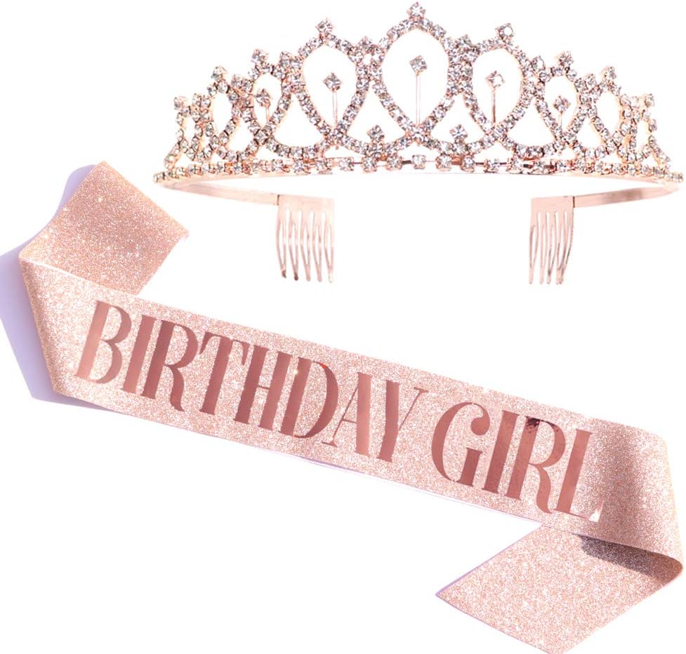 Rose Gold Birthday Sash & Tiara Kit - Glitter Birthday Party Favors