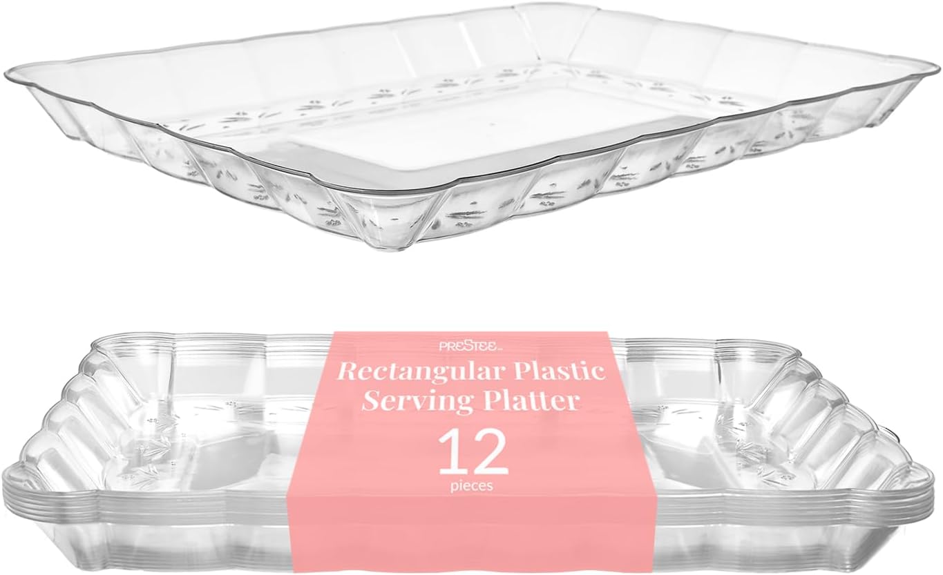 Prestee 12-Pack Serving Tray - 9x13 Inches Disposable Rectangular Plastic Food Tray for Parties and Events - Clear Platters for Dessert Table Displays, Appetizers, Snacks, and More