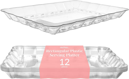 Prestee 12-Pack Serving Tray - 9x13 Inches Disposable Rectangular Plastic Food Tray for Parties and Events - Clear Platters for Dessert Table Displays, Appetizers, Snacks, and More